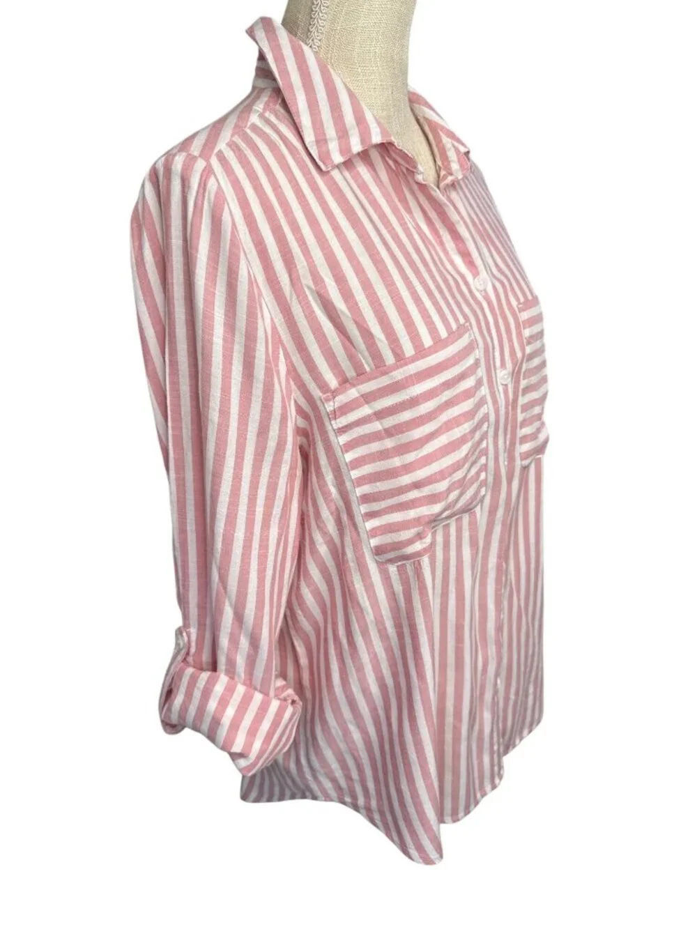 Casa Cabana Pink & White Striped Button-Up Shirt With Pockets Roll-Up Sleeves - Picture 3 of 8